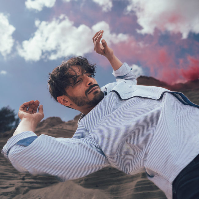 mens fashion, dancer posing, pink smoke